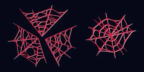Spider web set isolated on dark background. Spooky Halloween red cobwebs. Vector Stock Illustration