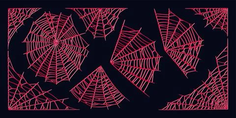 Spider web set isolated on dark background. Spooky Halloween red cobwebs. Vector Stock Illustration
