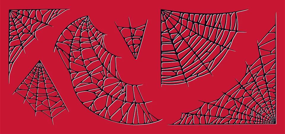 Spider web set isolated on red background. Spooky Halloween red cobwebs. Vector Illustrazione stock