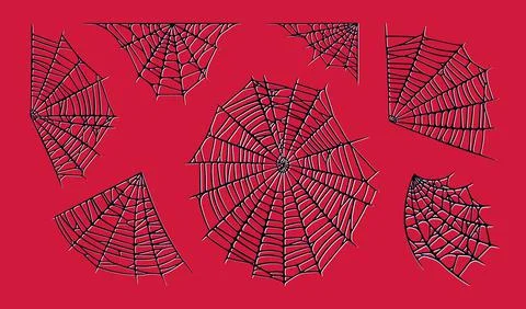 Spider web set isolated on red background. Spooky Halloween red cobwebs. Vector Illustrazione stock