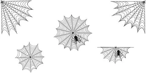 Spider web silhouettes set, corner and round cobwebs, isolated Stock Illustration