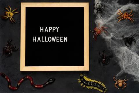 Spider web, snakes, insects made of candy and marmalade on a black background Stock-Fotos