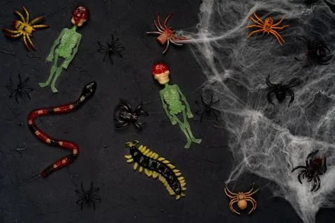 Spider web, snakes, insects made of candy and marmalade on a black background Foto stock