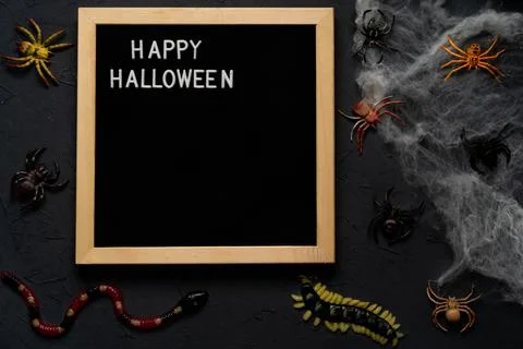 Spider web, snakes, insects made of candy and marmalade on a black background Stock Photos