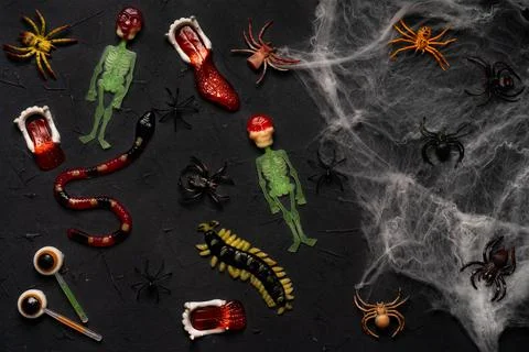 Spider web, snakes, insects made of candy and marmalade on a black background Stock Photos