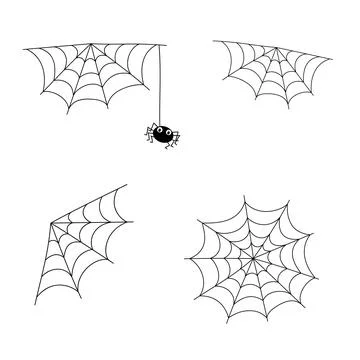 Spider Web Vector Set with Cute Black Spider: Halloween Cobweb Illustration 库存插图