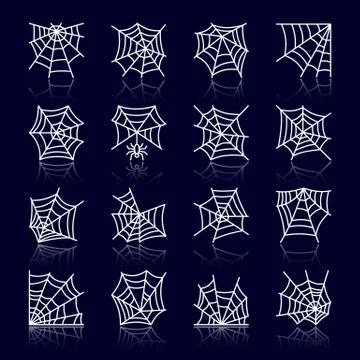 Spider web white line with reflection icon set Stock Illustration