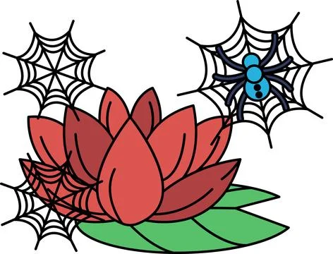 Spider webs dangle above a blooming lotus Stock Illustration