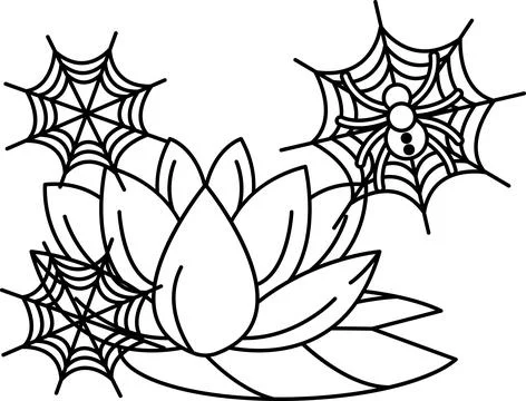 Spider webs dangle above a blooming lotus Stock Illustration