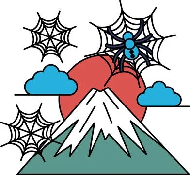 Spider webs dangle above a mountain peak Stock Illustration