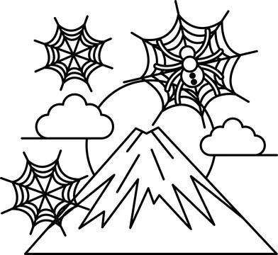 Spider webs dangle above a mountain peak Stock Illustration