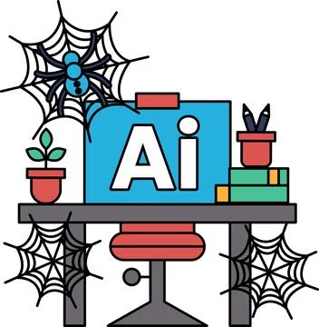 Spider webs dangle around a desk Stock Illustration