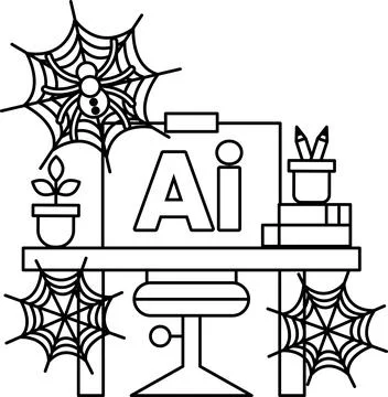 Spider webs dangle around a desk Stock Illustration