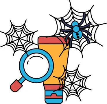 Spider webs dangle around a magnifying glass Stock Illustration