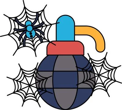 Spider webs drape a grenade in black and white Stock Illustration