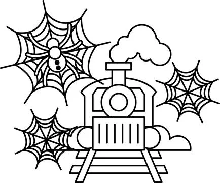 Spider webs drift around a classic steam train Stock Illustration