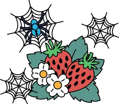 Spider webs float above strawberries and flowers Ilustração Stock