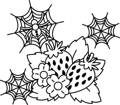 Spider webs float above strawberries and flowers Ilustração Stock