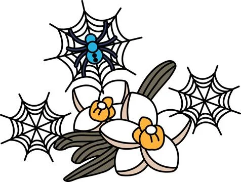 Spider webs float gently beside delicate orchids Stock Illustration