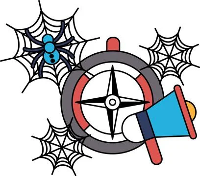 Spider webs frame a compass and megaphone Illustrazione stock