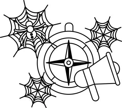 Spider webs frame a compass and megaphone イラスト素材