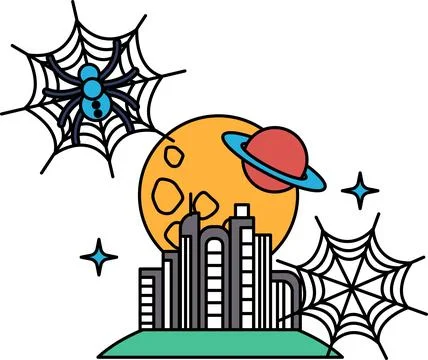 Spider webs frame a cosmic cityscape Stock Illustration
