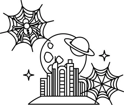 Spider webs frame a cosmic cityscape Stock Illustration