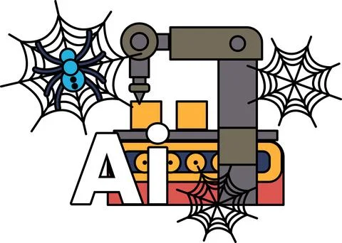 Spider webs frame a robotic arm Stock Illustration