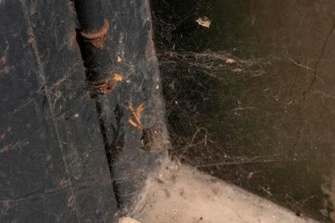 Spider webs full of dust in a rusty and dirty corner Stock Photos