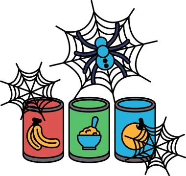 Spider webs hang above three cans Stock Illustration