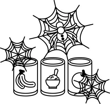 Spider webs hang above three cans Stock Illustration