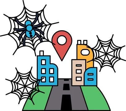 Spider webs hang over city buildings Illustrazione stock