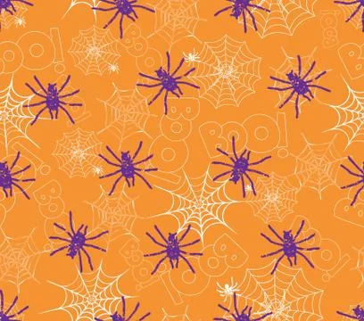Spider on webs seamless pattern on orange Illustrazione stock