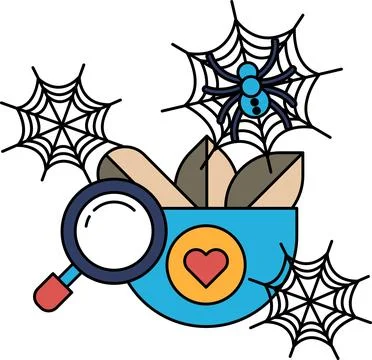 Spider webs surround a heart-adorned magnifying glass Illustrazione stock