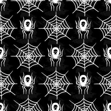 Spiders and spider web silhouette spooky seamless pattern background halloween Stock Illustration