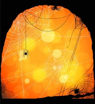 Spiders and web on orange background Stock Illustration