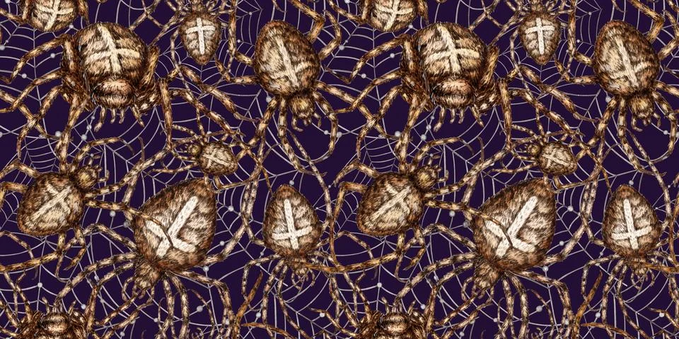 Spiders and web pattern on blue watercolor Stock Illustration