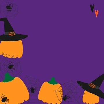 Spiders on cobweb and pumpkins in Witch hats Corner Frame and decorative hearts Stock Illustration