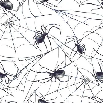 Spiders on Cobweb seamless pattern. Watercolor painted Halloween Spider net Stock-Illustration