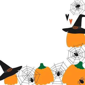 Spiders, cobweb, Witch hats and decorative hearts Corner Frame border Halloween Stock Illustration