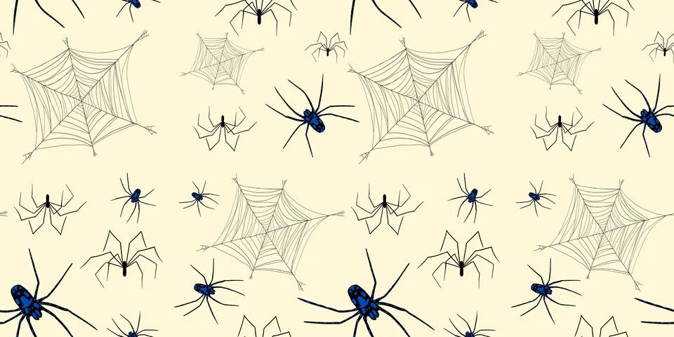 Spiders with cobwebs seamless pattern in beige color.  Stock Illustration