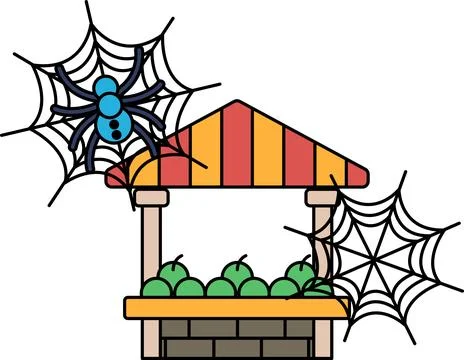 Spiders dangle above a fruit stand Stock Illustration