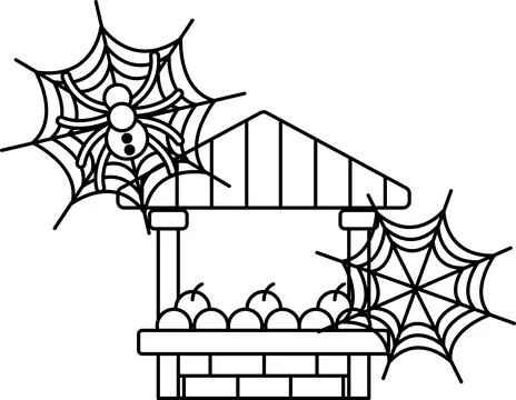 Spiders dangle above a fruit stand Stock Illustration