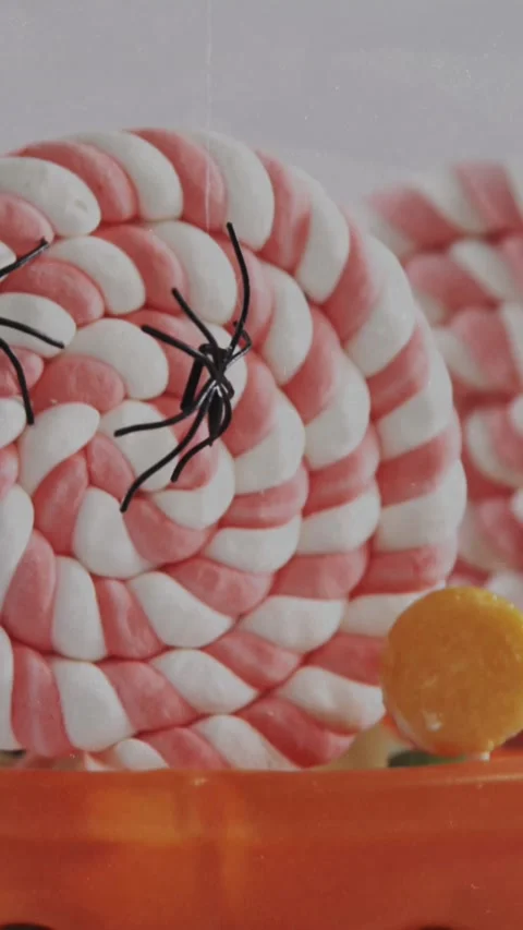 Spiders falling over in halloween pumpkin bucket filled with candies against Stock Footage 343644227