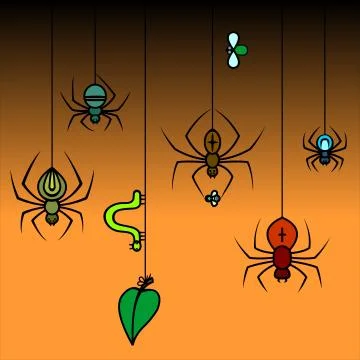 Spiders Hang On A Web, Weave A Web. The Spider Holds In Its Paws A Prey, A Fl Stock Illustration