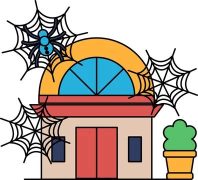 Spiders hang from webbed arches above a spooky house Stock Illustration