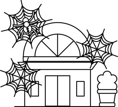 Spiders hang from webbed arches above a spooky house Stock Illustration