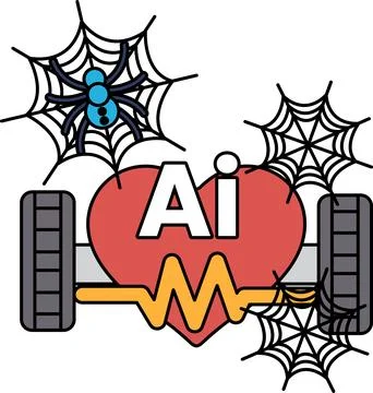 Spiders hang from webbed frames around a bold heart Stock Illustration