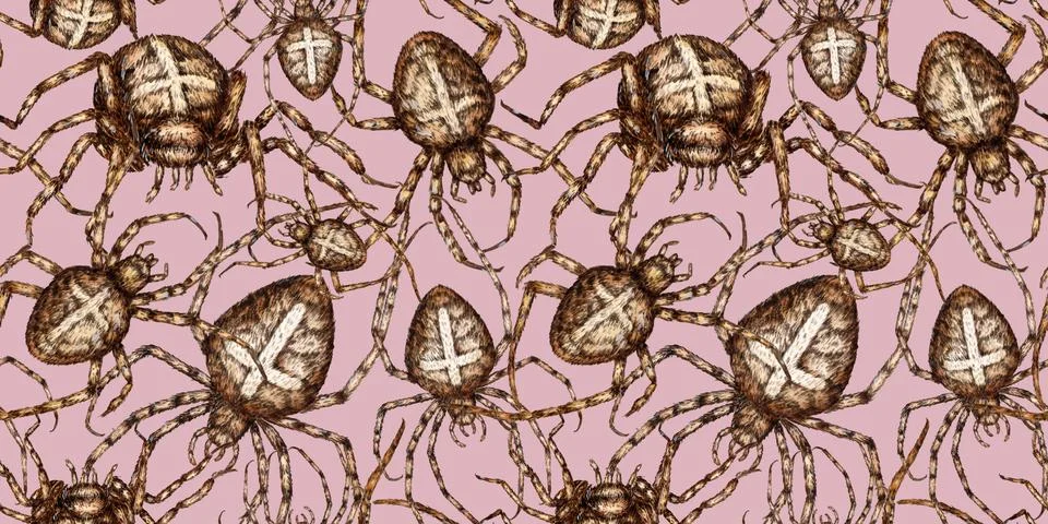 Spiders pattern on pink watercolor Stock Illustration