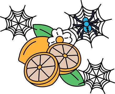 Spiders spin webs above sliced citrus fruits Illustrazione stock
